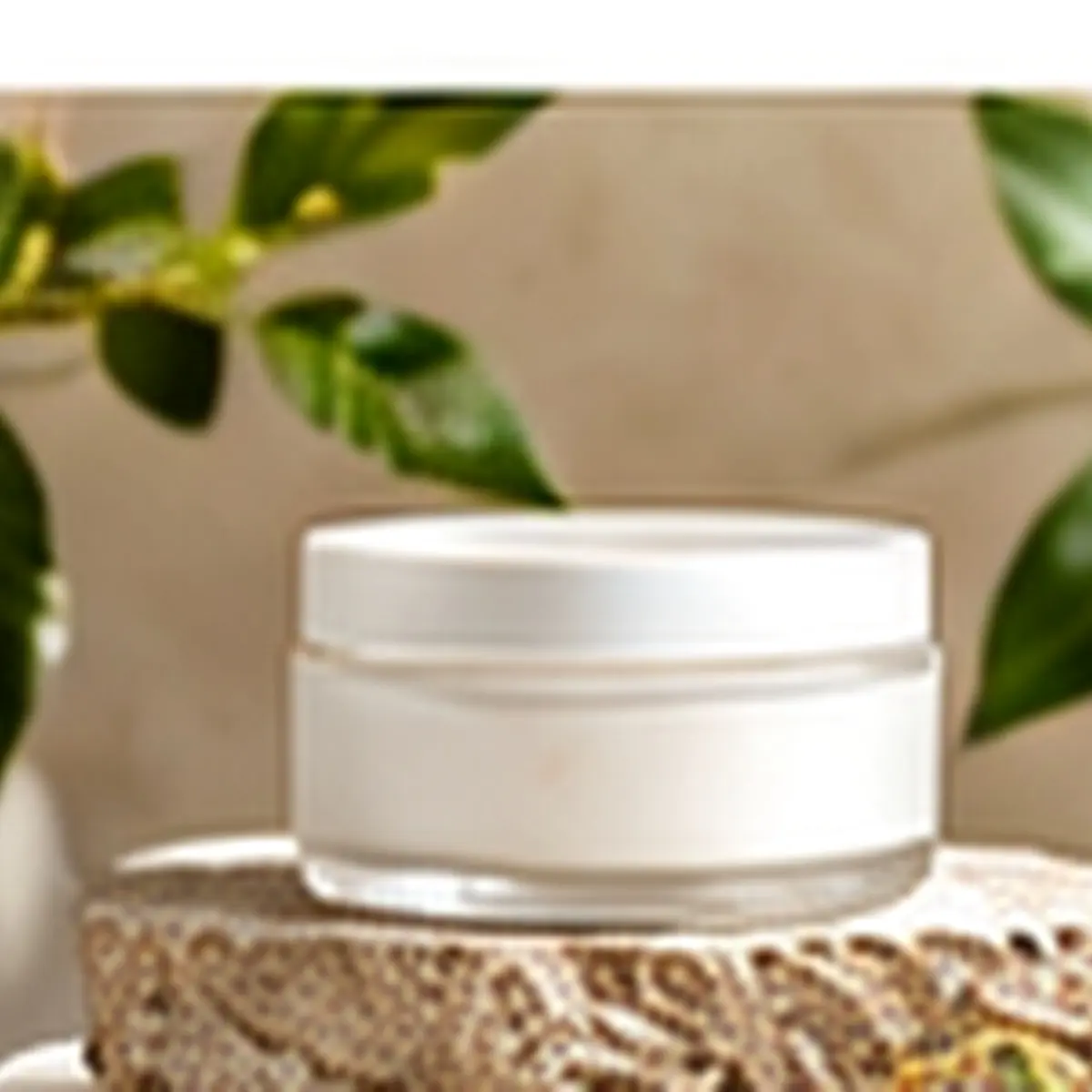 Minimal cosmetic cream jar on a textured stone pedestal with soft botanical background