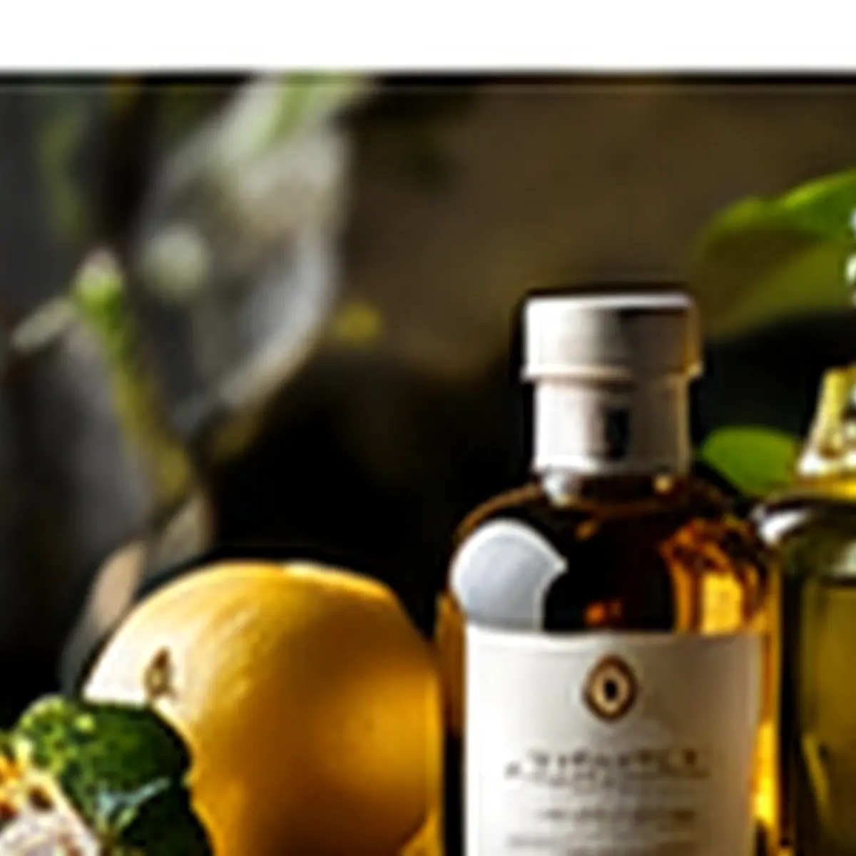 Premium food and beverage product scene with citrus and dark botanical styling