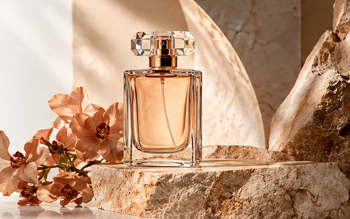 Luxury cosmetic product scene with warm marble pedestal, floral accents and premium studio lighting