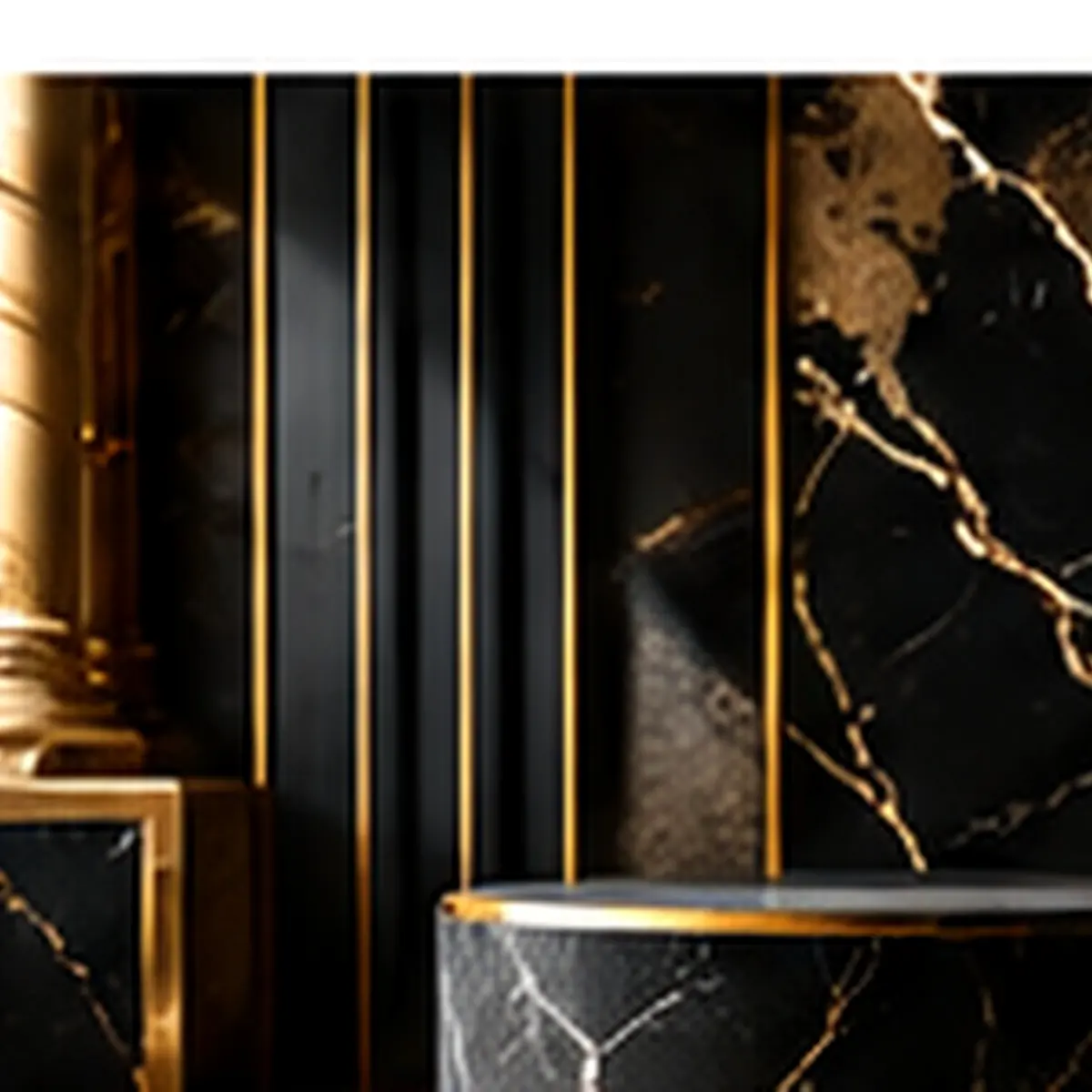 Luxury black and gold marble product pedestal in a dramatic premium studio scene