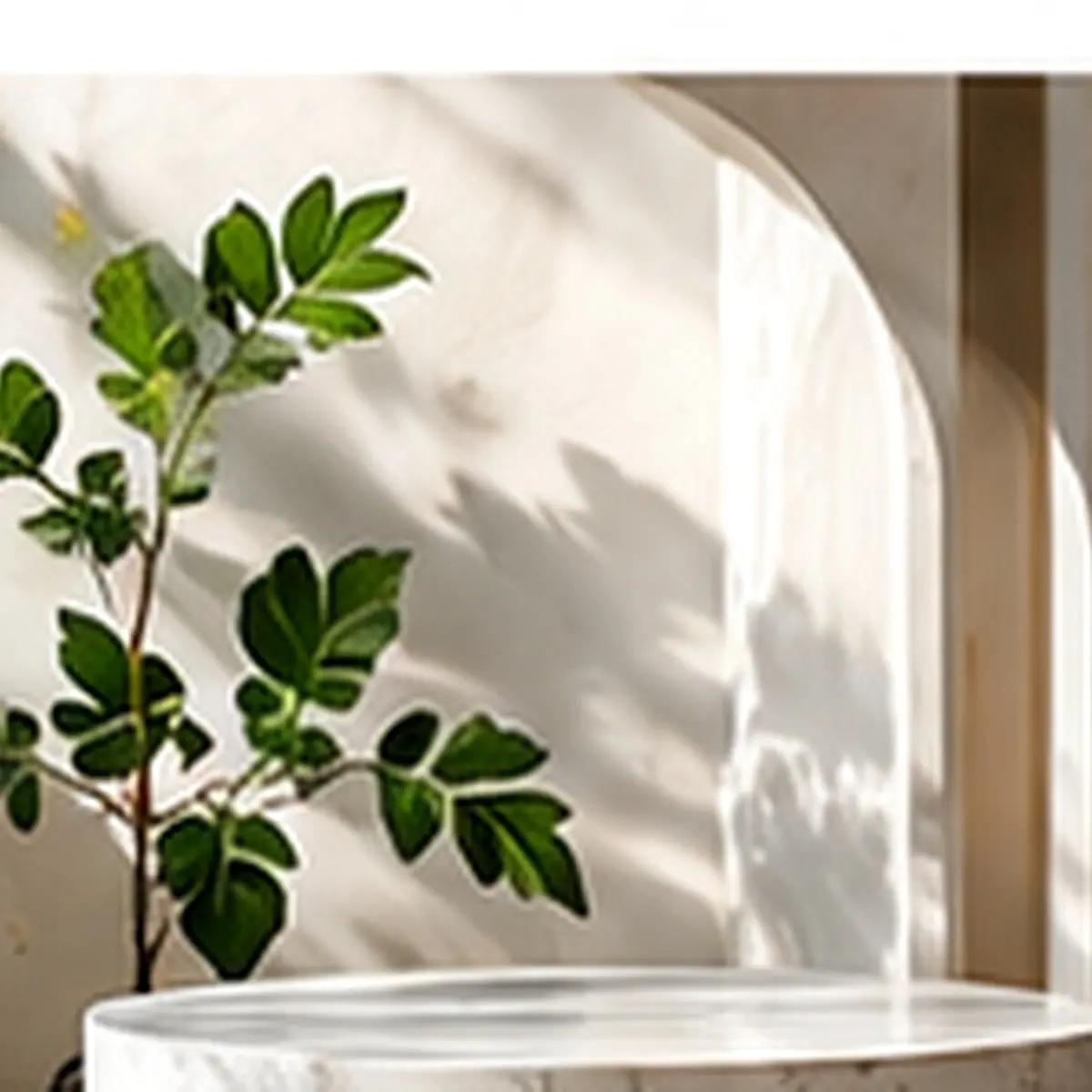 Minimal white marble product pedestal with soft architectural shadows and green leaves