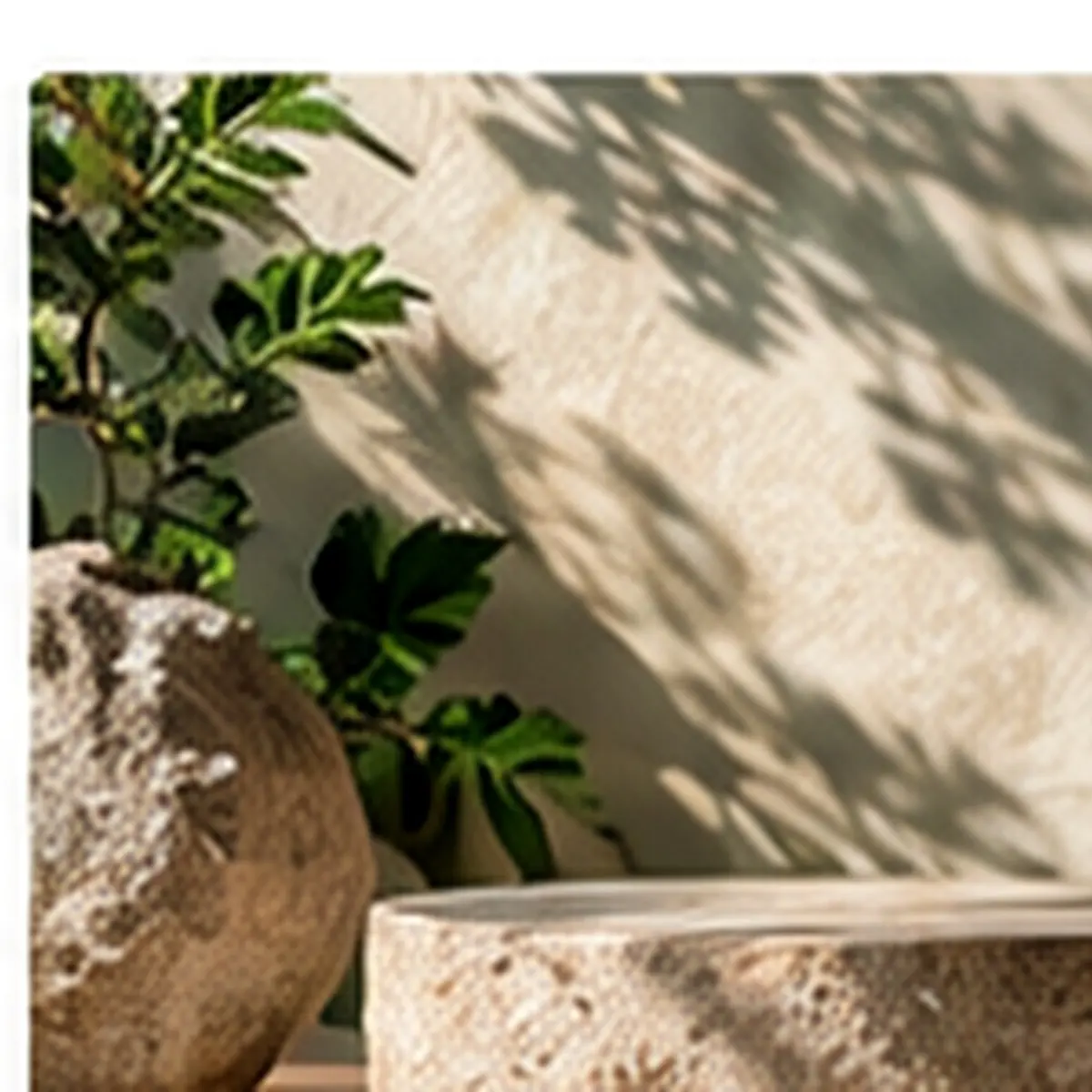 Natural stone product pedestal with green foliage and warm organic shadows