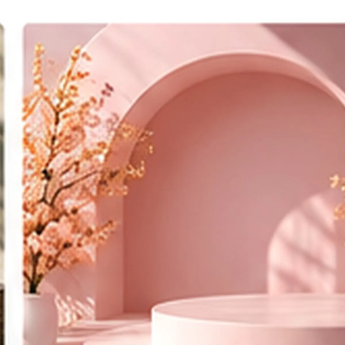 Pastel pink product pedestal with soft floral styling and warm studio light