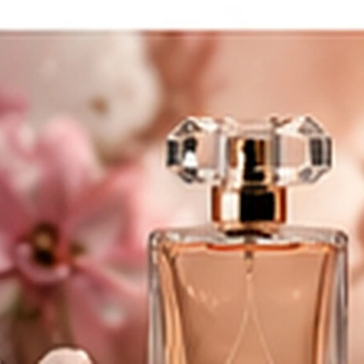 Luxury perfume bottle in a soft blush floral product photography scene