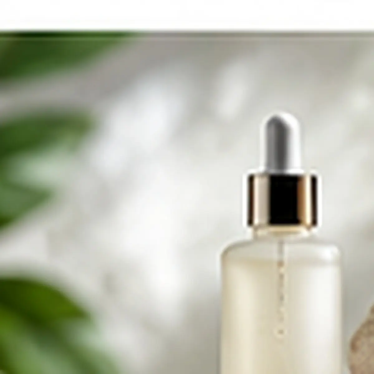 Skincare serum bottle on a natural stone pedestal with green leaves and soft daylight